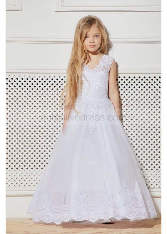 White Lace Tulle V Corset Back Long Flower Girl Dress